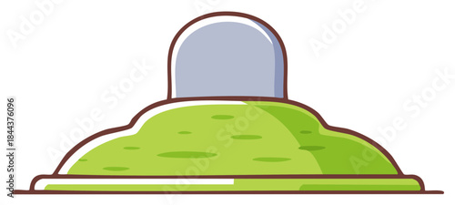 Simple cartoon illustration of a gravestone on a grassy mound with a thick outline