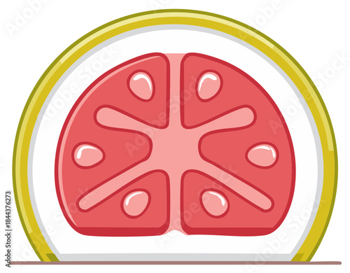 Colorful stylized grapefruit half illustration with pink pulp and yellow rind.