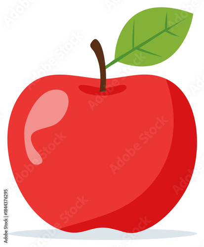 Vibrant red apple with green leaf and stem, depicted in a clean, modern illustration style.