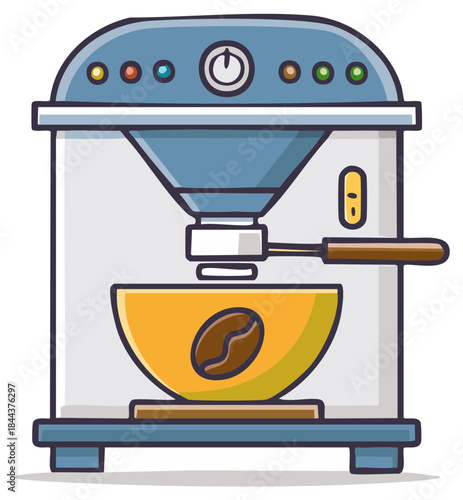 Vivid Cartoon Coffee Machine Brewing Espresso with Bean in Cup