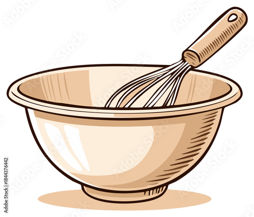 Kitchenware whisk sitting inside an empty ceramic bowl, equipment cooking ingredients preparation food utensils artwork drawing