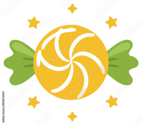 Bright yellow swirl candy with green wrapper surrounded by whimsical stars artwork