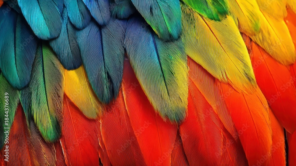 Obraz premium Multi-colored feathers, close-up feather, background texture, abstract, created using generative AI tools, suitable for texture, fashion, or nature-inspired designs.