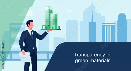 Visionary architect presenting sustainable building design in modern cityscape backdrop