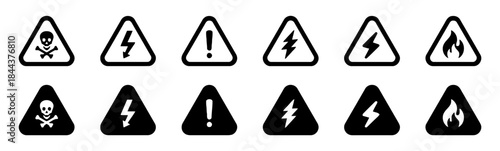 Collection of different black attention hazard warning signs for danger caution and safety issues in black colors