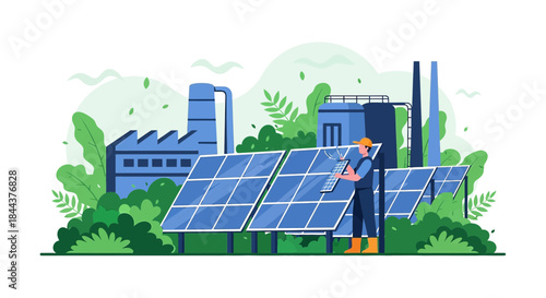 Visual representation of transition to renewable energy with solar panels and factory backdrop