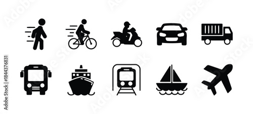 Collection of diverse transportation icons representing various methods for commuting