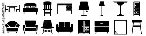 Collection of furniture representing home decor with various chairs sofas tables and lamps for interior decoration design