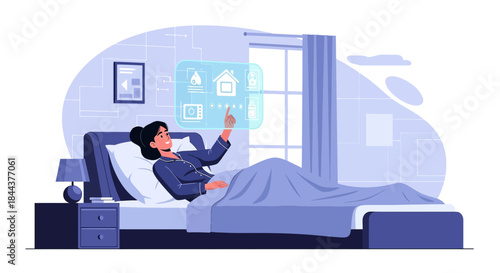 Woman controls smart home devices from her bed using a holographic interface display