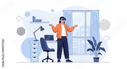 Woman experiencing virtual reality in her home office with city view through window