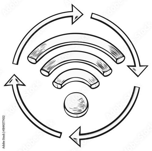 Hand Drawn Wireless Signal Refresh Icon with Arrow Circle Indicating Internet Connection Refreshing