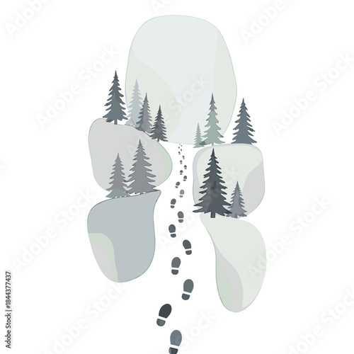 Footprints in the snow through fir trees on winter landscape  