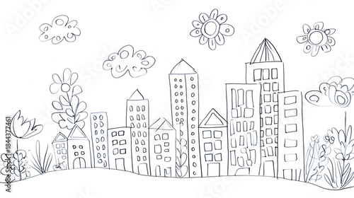 A black and white line drawing of a city skyline with buildings flowers and clouds