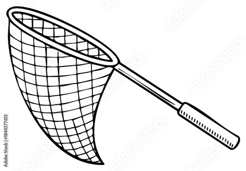 Clean line art illustration of a hand net, perfect for catching fish, insects, or collecting samples.