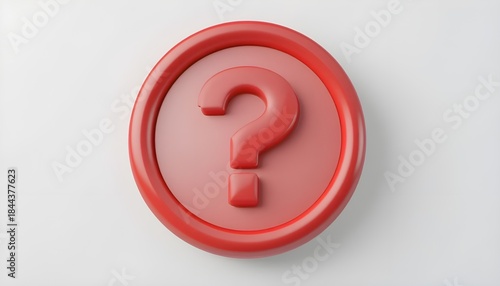 3d question mark icon on red round button or badge.3d rendering.Isolated on white background.


