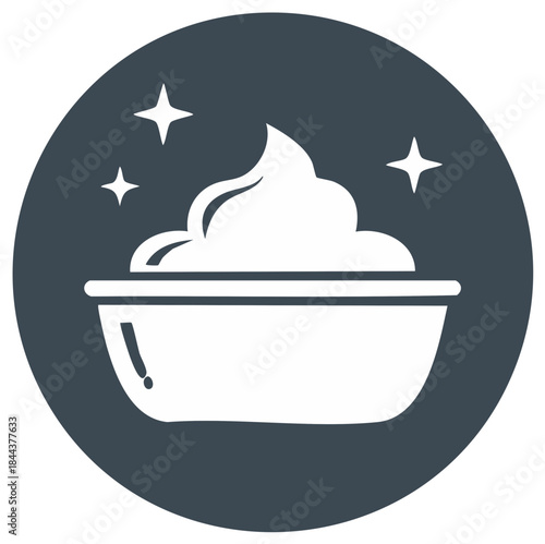 Bowl of soapy white cream and bubbles surrounded by stars inside dark circle vector