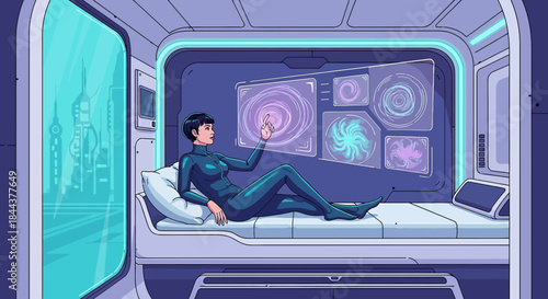 Woman interacting with futuristic interface in a modern spaceship cabin with city view futuristic
