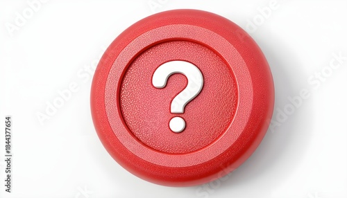 3d question mark icon on red round button or badge.3d rendering.Isolated on white background.

