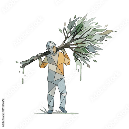 Worker carrying a tree branch over shoulder in stylized design  