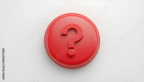 3d question mark icon on red round button or badge.3d rendering.Isolated on white background.

