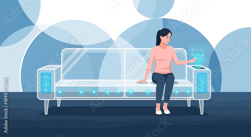Woman interacting with futuristic smart home control panel integrated into sofa design