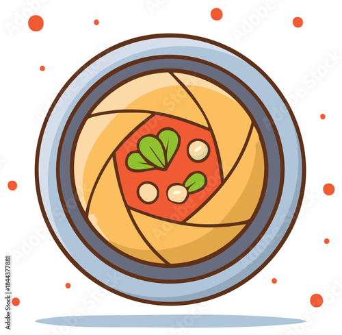Cartoon illustration of a plate of food with sauce, sprouts and vegetables. Creative cooking design