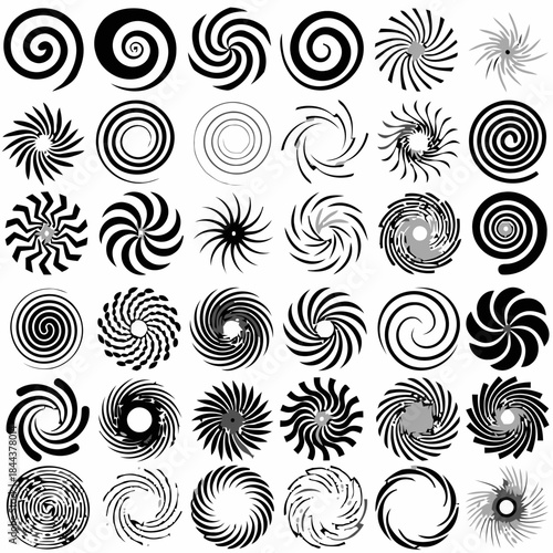Collection of spiral vector swirls art design and hypnotic vortex shapes in creative abstract pattern on white background