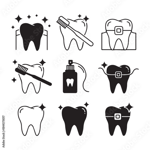 Vector tooth and teeth oral care simple black icon set