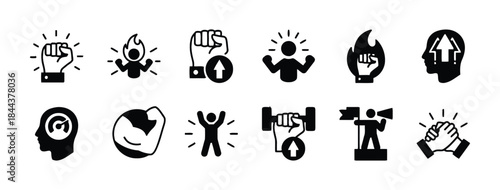 Collection of strength and motivation icons representing power and success