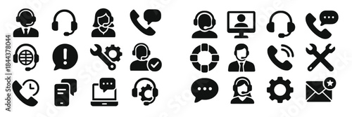 Collection of support and service icons representing help call and communication