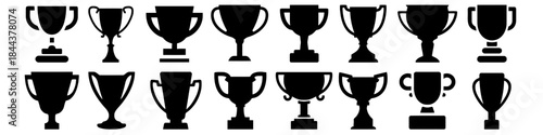 Collection of trophy cup vector icons isolated on white background and black color representing achievements, victory and sports
