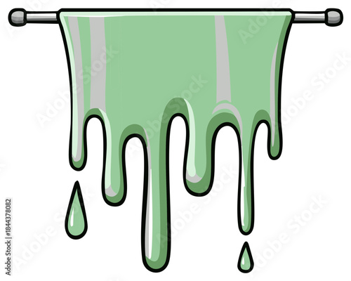 Cartoon illustration of gooey green slime hanging and dripping from a metal bar. Messy toxic liquid ooze graphic.