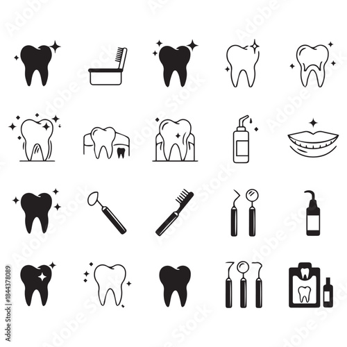 Vector tooth and teeth oral care simple black icon set