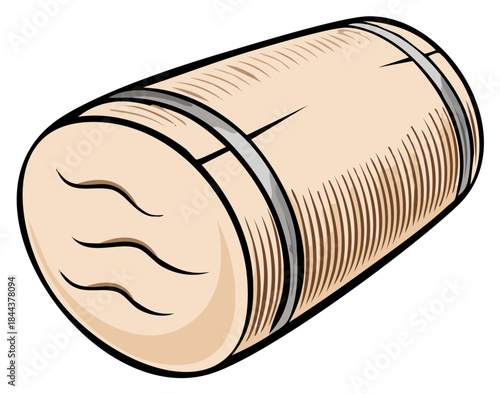 Hand-drawn wood barrel illustration with metal bands, vector style design.