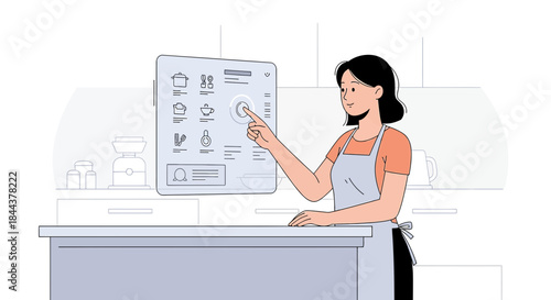 Woman interacts with a smart kitchen screen for recipes and appliance control interface