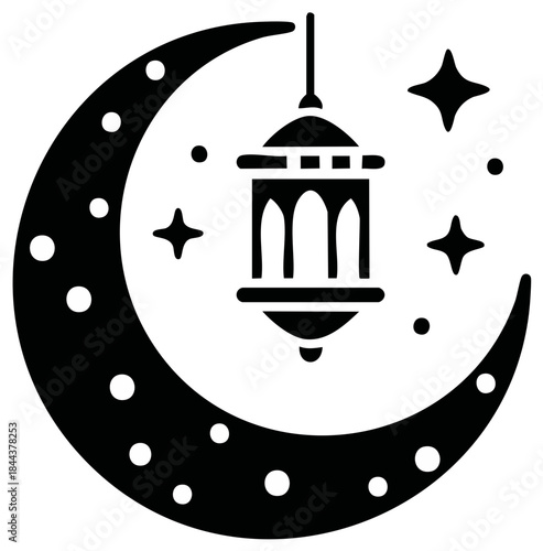 Silhouette of Crescent Moon and Lantern Decoration with Starry Night
