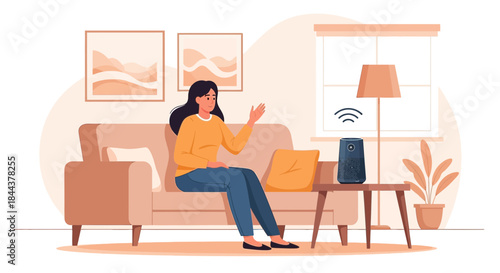Woman interacts with a smart speaker in a minimalist living room setting illustration