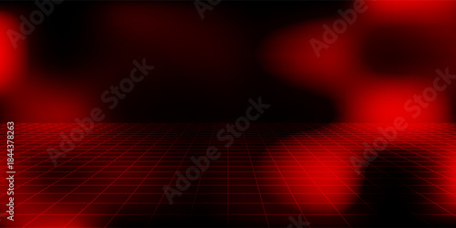 Red laser grid cyber newretrowave 3d background. Neon digital room with vaporwave and square cell wireframe. Futuristic retro mesh dimension pattern with floor. Geek outline aesthetic texture design