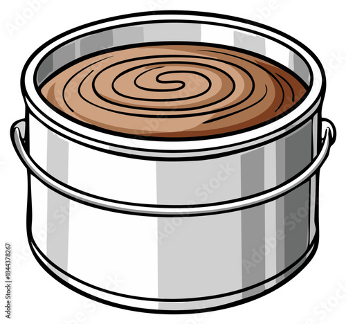 Silver Paint Bucket with Brown Paint. Glossy Can with Handle Full of Color