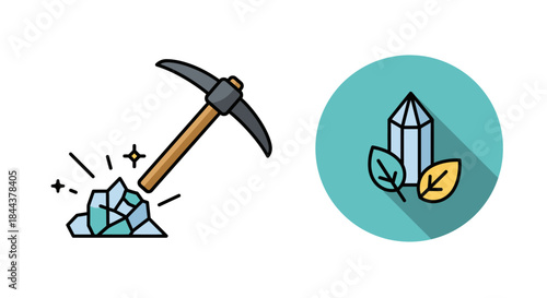 Colorful vector icons depicting a pickaxe striking a sparkling gemstone, symbolizing discovery, paired with a natural crystal and leaves, representing earth's resources.