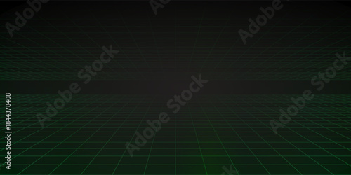 Abstract wireframe landscape perspective. Vector realistic illustration of green grid pattern on transparent black. Retro futuristic virtual cyber space background, digital mesh surface design