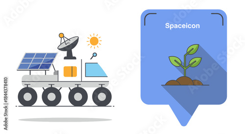 This vibrant illustration showcases a sophisticated space rover alongside a budding plant icon, embodying the future of interstellar exploration and sustainable growth.