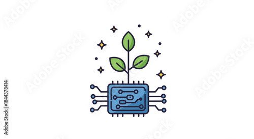 This vibrant illustration depicts a green plant growing from a computer chip, symbolizing the powerful synergy of sustainable technology, ecological innovation, and future.