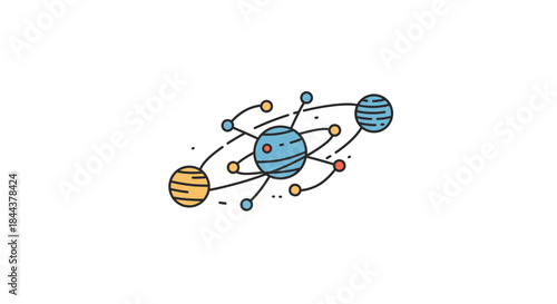 A vibrant, minimalist illustration depicting a stylized planetary system with interconnected orbits and celestial bodies, representing cosmic exploration and scientific concepts.
