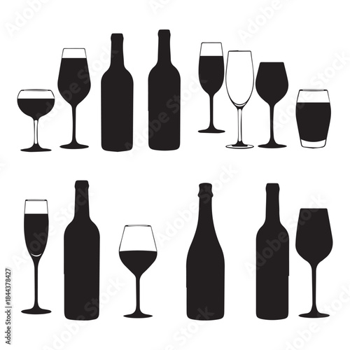 Vector Various types wine glass and bottle black silhouette collection icons