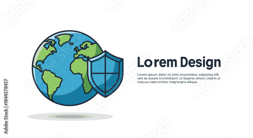 This vibrant illustration depicts a blue globe protected by a sturdy shield, symbolizing global data security, internet safety, and worldwide digital defense against cyber threats.