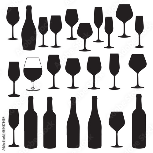  Vector Various types wine glass and bottle black silhouette collection icons