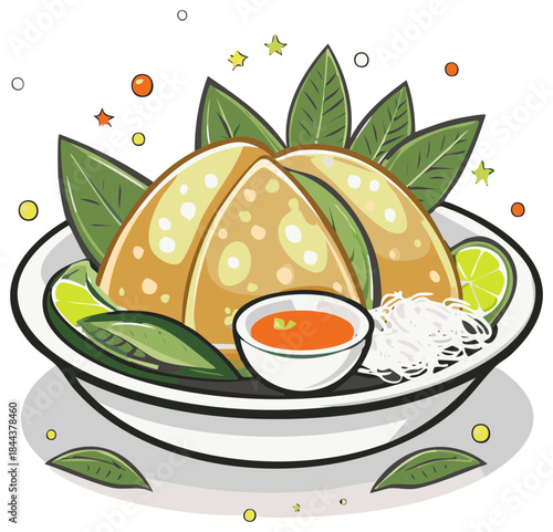 Delicious Vietnamese Banh Xeo savory pancake served on a plate with fresh herbs lime and dipping sauce