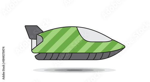 Futuristic green hovercraft with striped pattern and shadow, isolated on white background, representing advanced transportation.