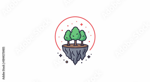 Whimsical illustration of three green trees growing on a floating island with a red circle and stars.